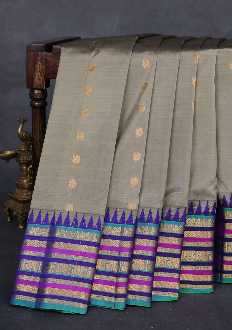 Grey Green Gadwal Silk Buttas Saree With Buttas And Brocade Design For Women - Indya