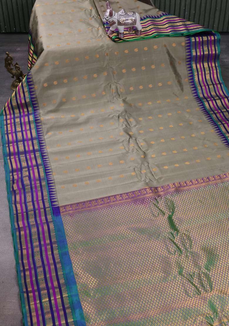 Grey Green Gadwal Silk Buttas Saree With Buttas And Brocade Design For Women - Indya
