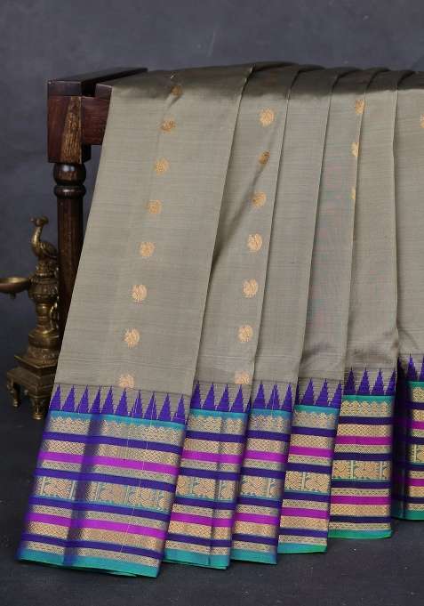 Grey Green Gadwal Silk Buttas Saree With Buttas And Brocade Design For Women