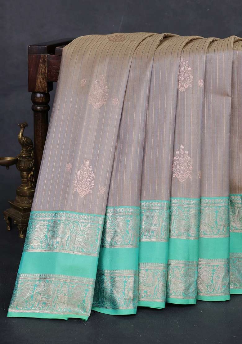 Grey Teal Green Gadwal Silk Saree With Traditional Woven Design For Women - Indya