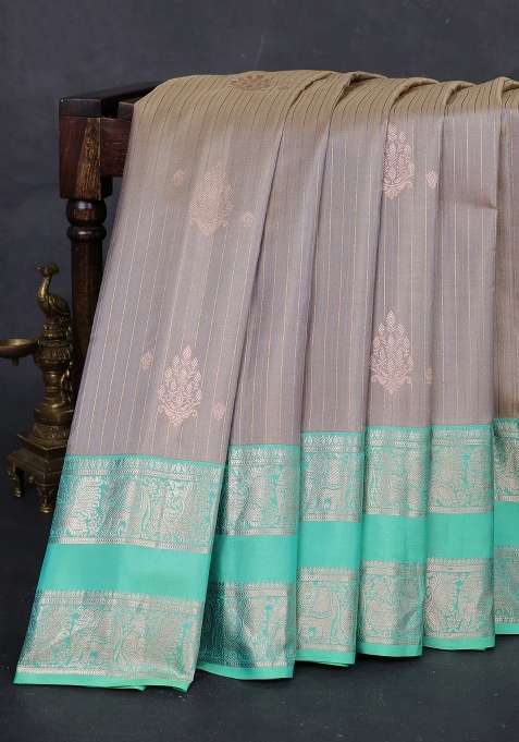 Grey Teal Green Gadwal Silk Saree With Traditional Woven Design For Women