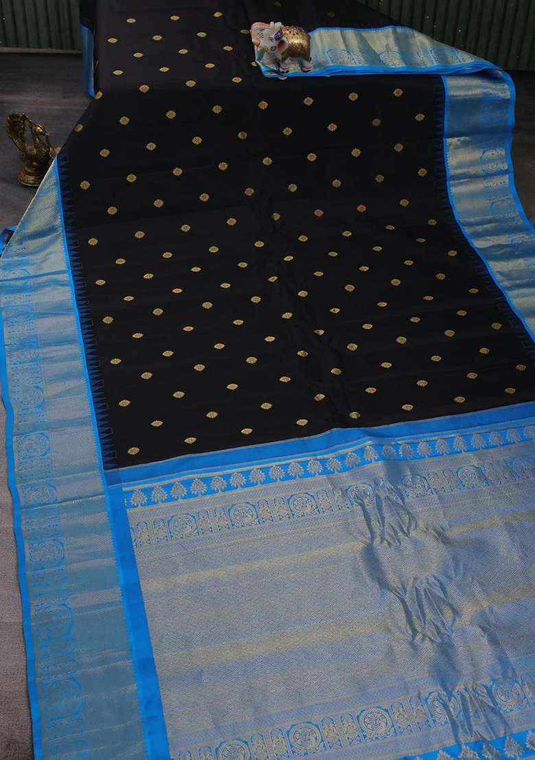 Black Cs Blue Gadwal Silk Checks Saree With Checks And Stripes Design For Women - Indya