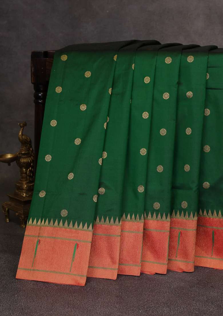 Green Red Pure Paithani Silk Saree With Traditional Woven Design For Women - Indya