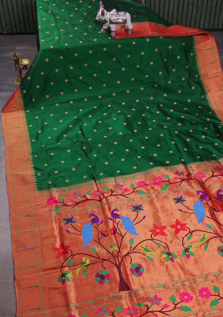 Green Red Pure Paithani Silk Saree With Traditional Woven Design For Women - Indya