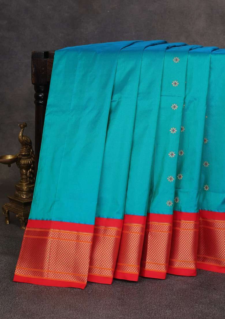 Teal Green Orange Pure Paithani Silk Saree With Traditional Woven Design For Women - Indya