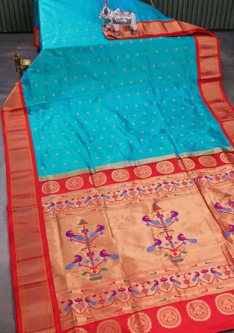 Teal Green Orange Pure Paithani Silk Saree With Traditional Woven Design For Women - Indya