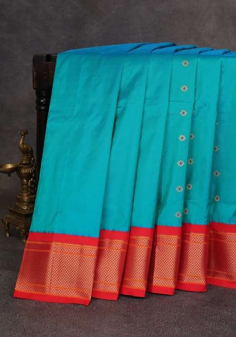 Teal Green Orange Pure Paithani Silk Saree With Traditional Woven Design For Women