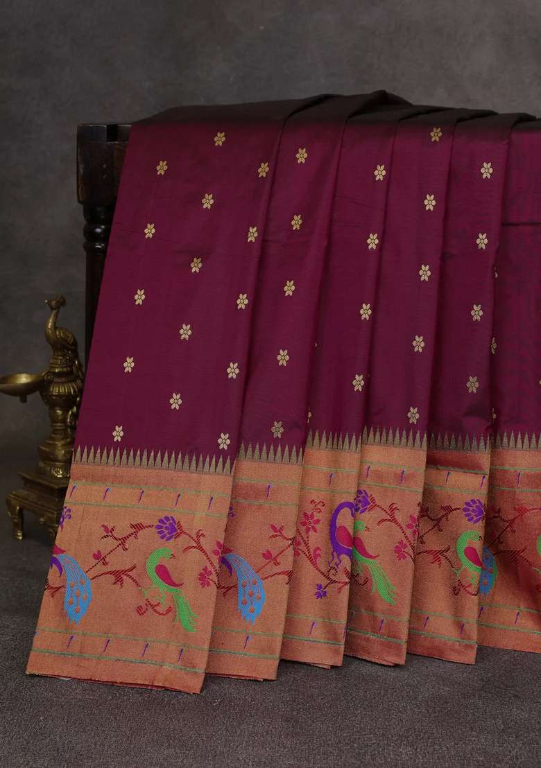 Wine Red Pure Paithani Silk Saree With Traditional Woven Design For Women - Indya