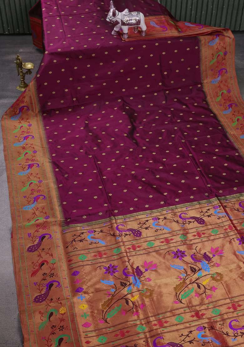 Wine Red Pure Paithani Silk Saree With Traditional Woven Design For Women - Indya