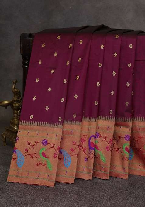 Wine Red Pure Paithani Silk Saree With Traditional Woven Design For Women