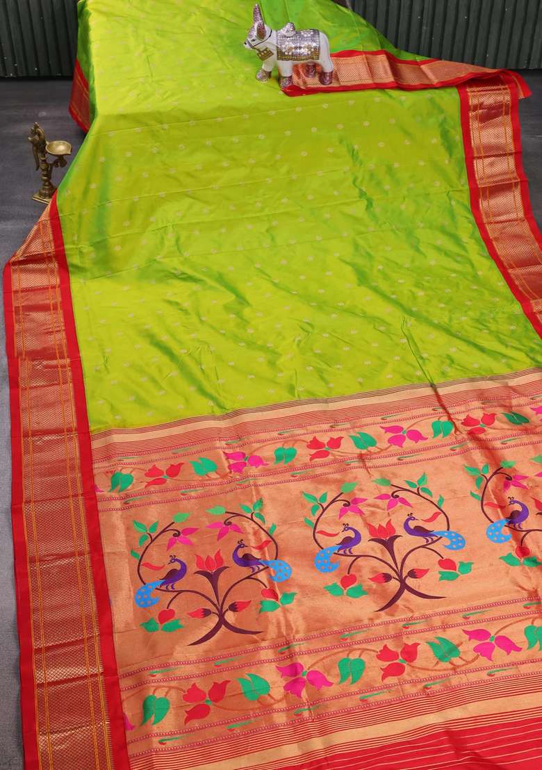 Lime Green Red Pure Paithani Silk Saree With Traditional Woven Design For Women - Indya