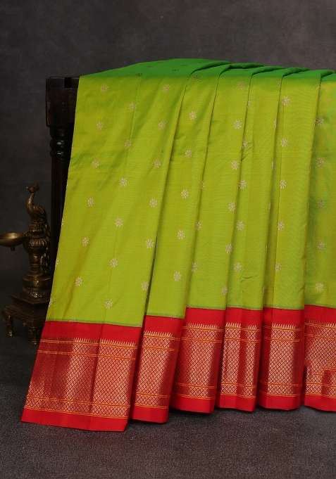 Lime Green Red Pure Paithani Silk Saree With Traditional Woven Design For Women