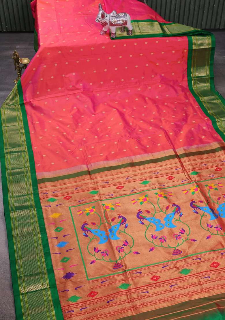 Pink Green Pure Paithani Silk Saree With Traditional Woven Design For Women - Indya