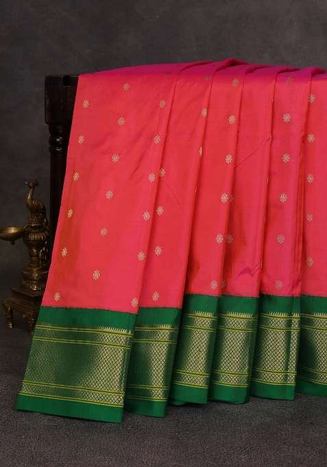 Pink Green Pure Paithani Silk Saree With Traditional Woven Design For Women