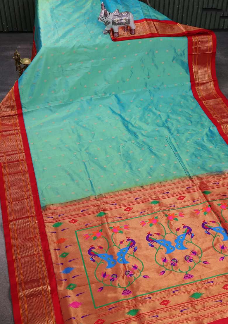 Teal Blue Red Pure Paithani Silk Saree With Traditional Woven Design For Women - Indya