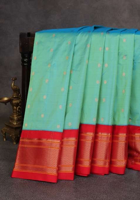 Teal Blue Red Pure Paithani Silk Saree With Traditional Woven Design For Women