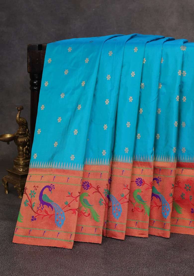 Teal Blue Red Pure Paithani Silk Saree With Traditional Woven Design For Women - Indya