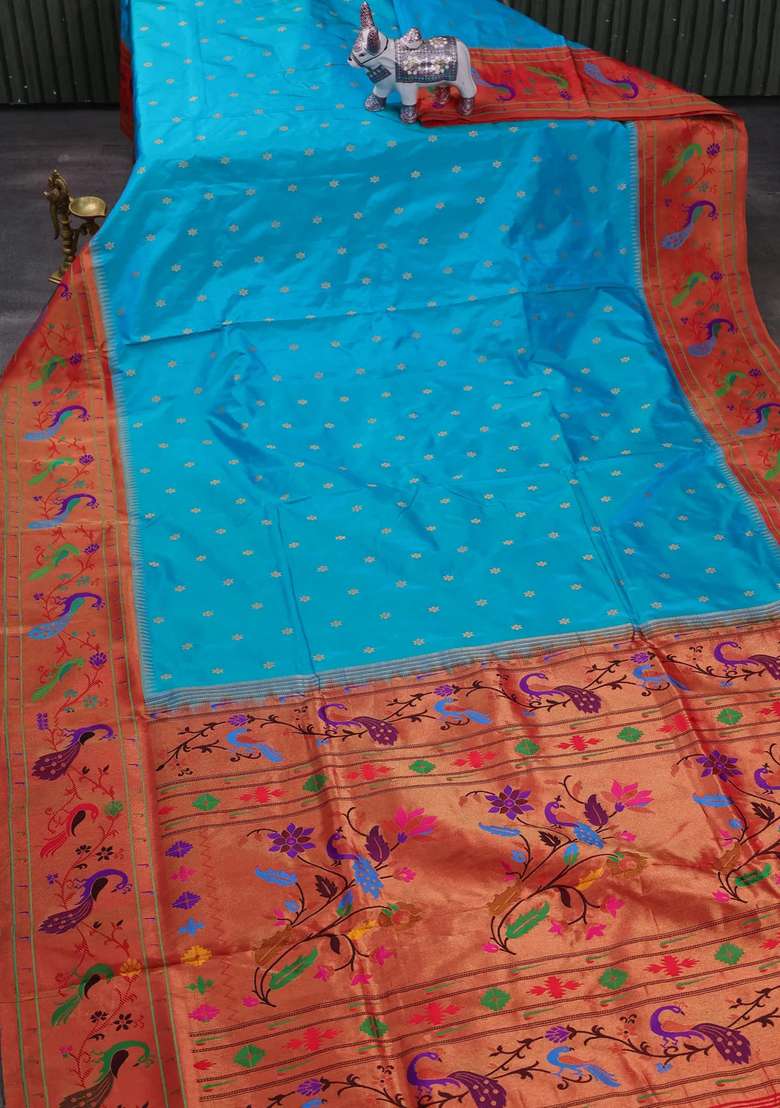 Teal Blue Red Pure Paithani Silk Saree With Traditional Woven Design For Women - Indya