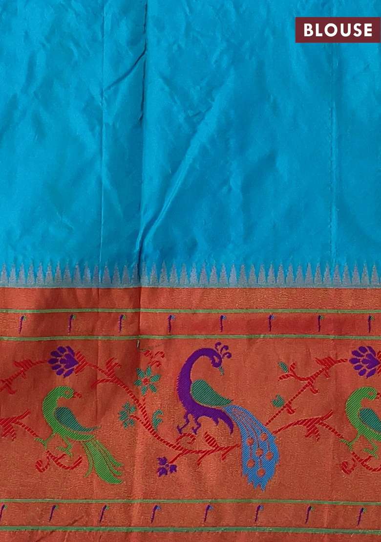 Teal Blue Red Pure Paithani Silk Saree With Traditional Woven Design For Women - Indya