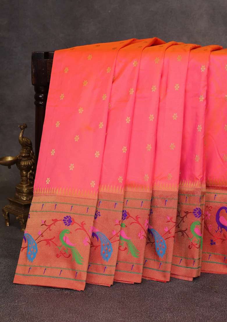 Peach Orange Red Pure Paithani Silk Saree With Traditional Woven Design For Women - Indya