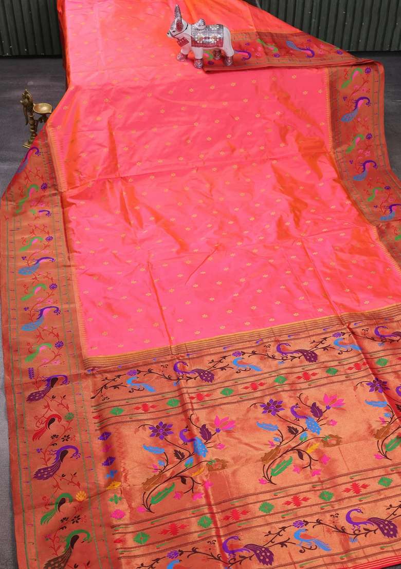 Peach Orange Red Pure Paithani Silk Saree With Traditional Woven Design For Women - Indya