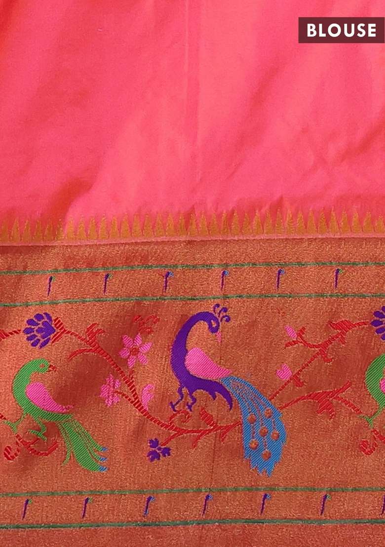 Peach Orange Red Pure Paithani Silk Saree With Traditional Woven Design For Women - Indya