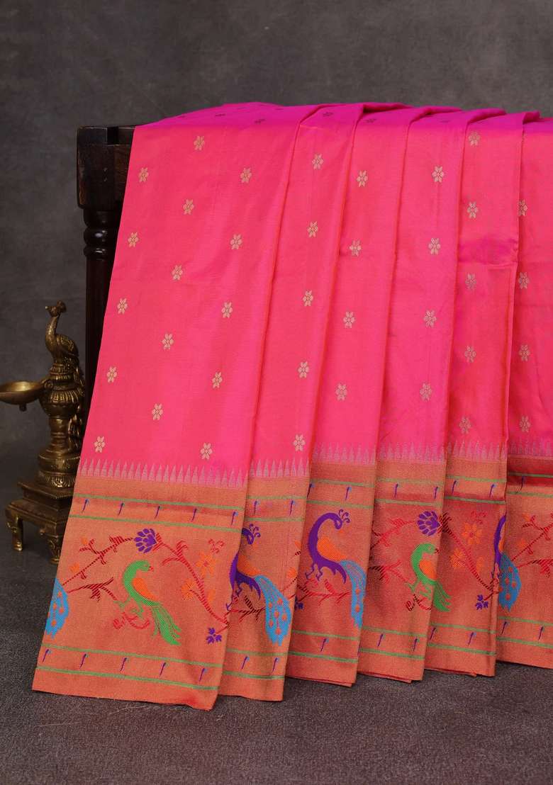 Pink Red Pure Paithani Silk Saree With Traditional Woven Design For Women - Indya
