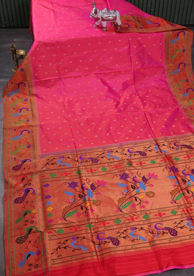 Pink Red Pure Paithani Silk Saree With Traditional Woven Design For Women - Indya