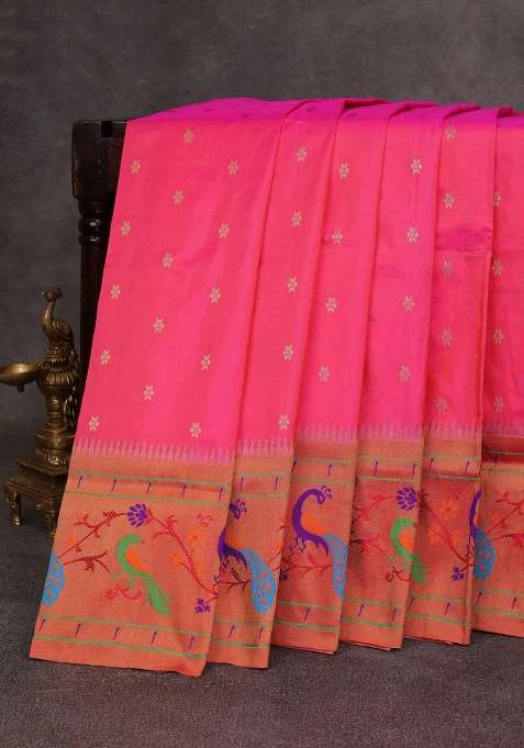 Pink Red Pure Paithani Silk Saree With Traditional Woven Design For Women