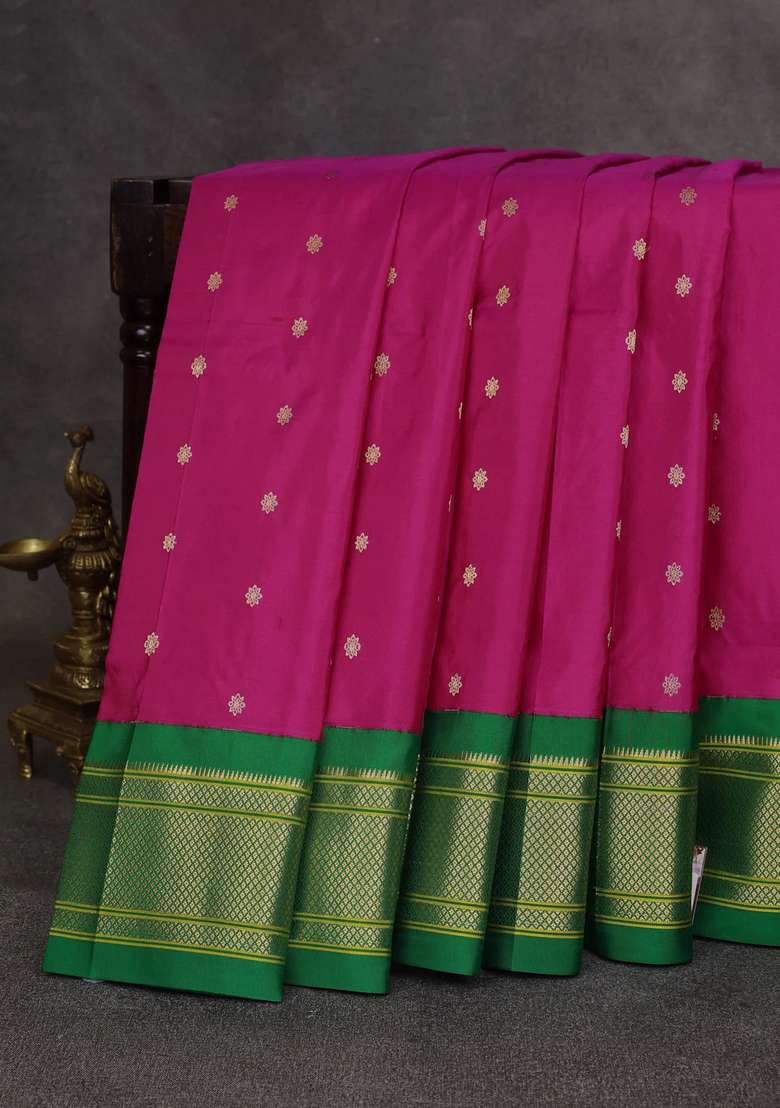 Pink Green Pure Paithani Silk Saree With Traditional Woven Design For Women - Indya