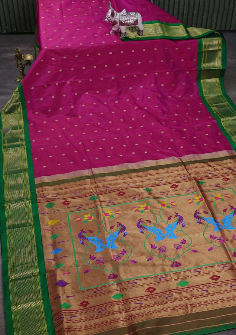 Pink Green Pure Paithani Silk Saree With Traditional Woven Design For Women - Indya