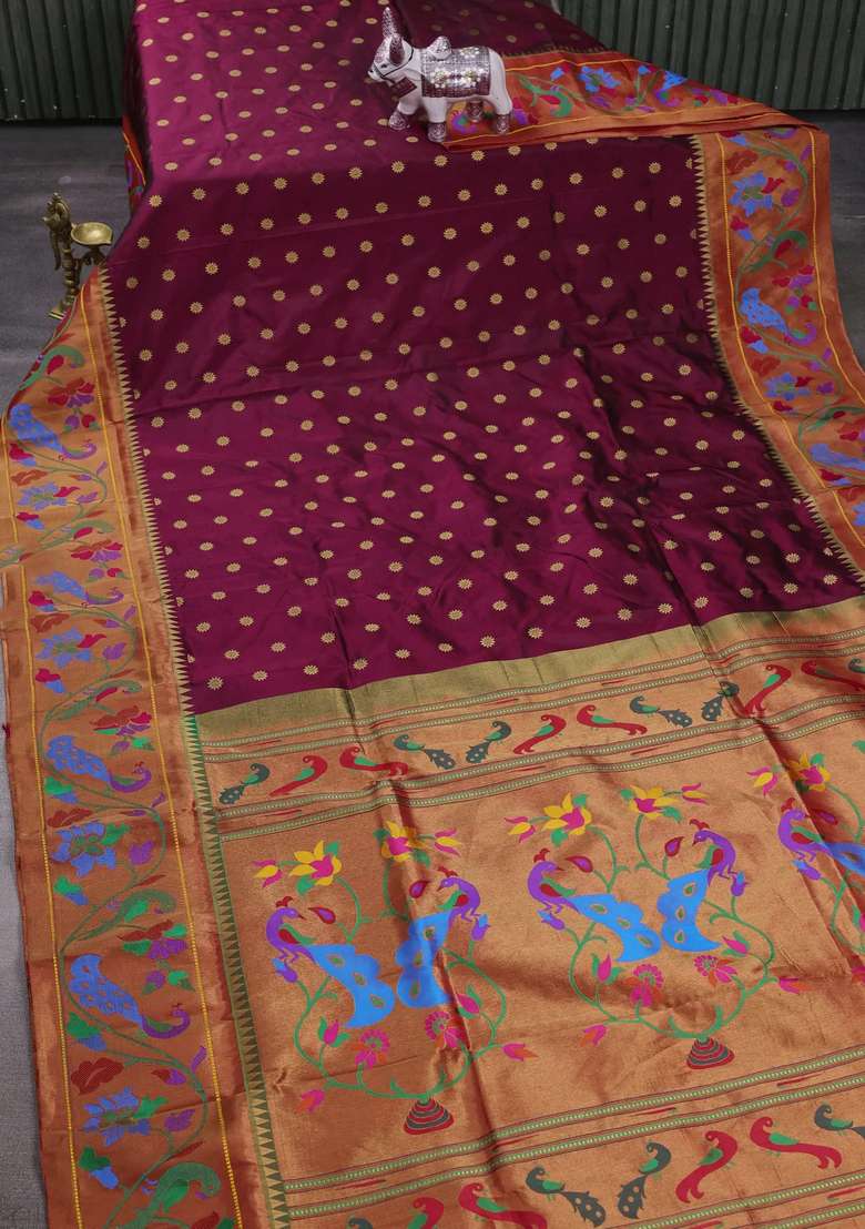 Wine Red Pure Paithani Silk Saree With Traditional Woven Design For Women - Indya