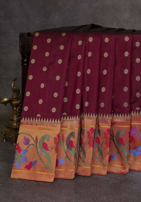 Wine Red Pure Paithani Silk Saree With Traditional Woven Design For Women