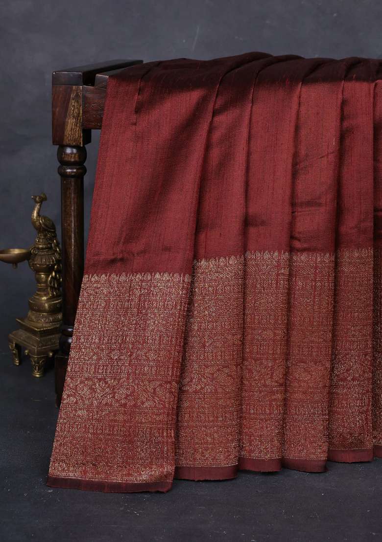 Brown Pink Banarasi Raw Silk Saree Buttas With Buttas And Brocade Design For Women - Indya