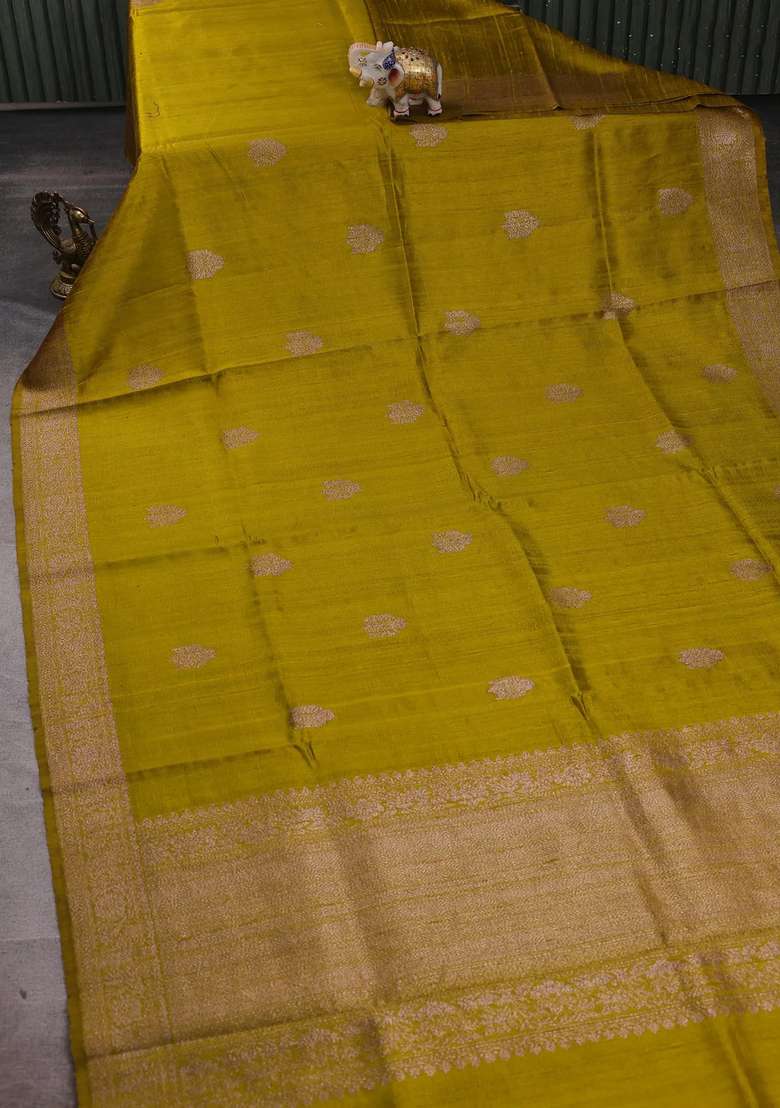 Lime Green Banarasi Raw Silk Saree Buttas With Buttas And Brocade Design For Women - Indya