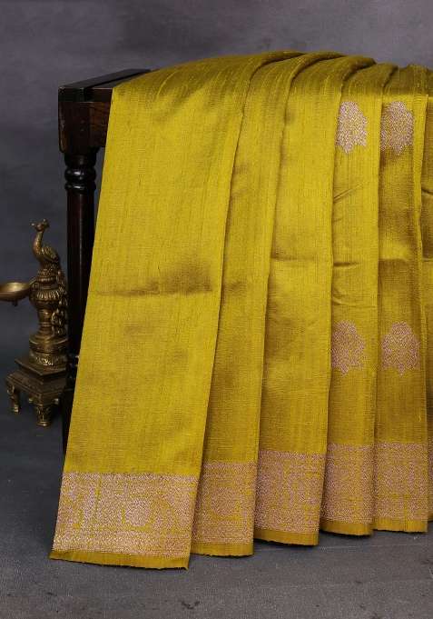 Lime Green Banarasi Raw Silk Saree Buttas With Buttas And Brocade Design For Women