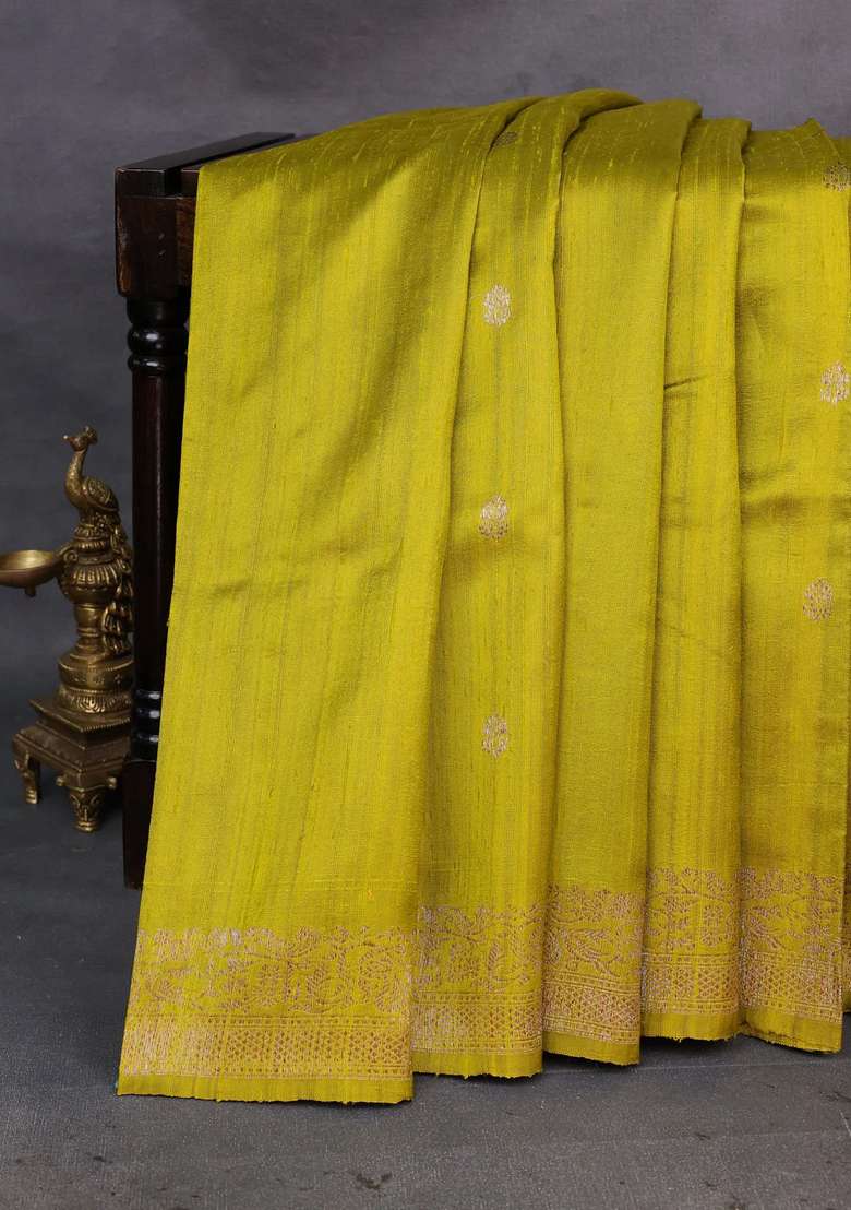 Lime Green Green Banarasi Raw Silk Saree Buttas With Buttas And Brocade Design For Women - Indya