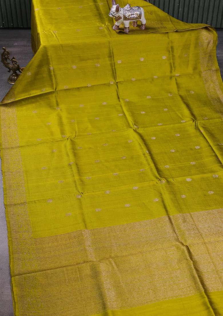 Lime Green Green Banarasi Raw Silk Saree Buttas With Buttas And Brocade Design For Women - Indya