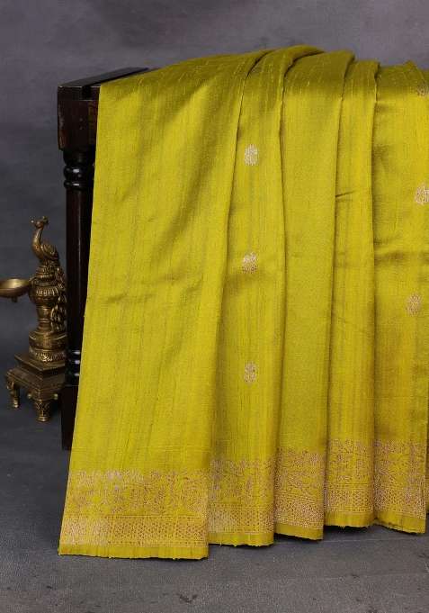 Lime Green Green Banarasi Raw Silk Saree Buttas With Buttas And Brocade Design For Women