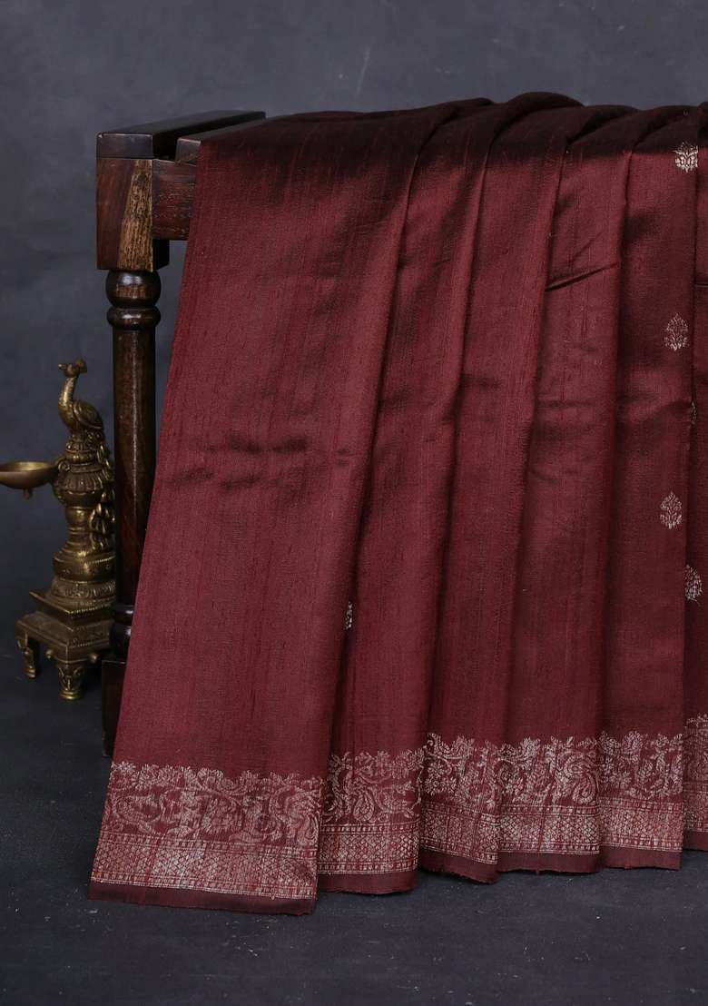 Brown Pink Banarasi Raw Silk Saree Buttas With Buttas And Brocade Design For Women - Indya