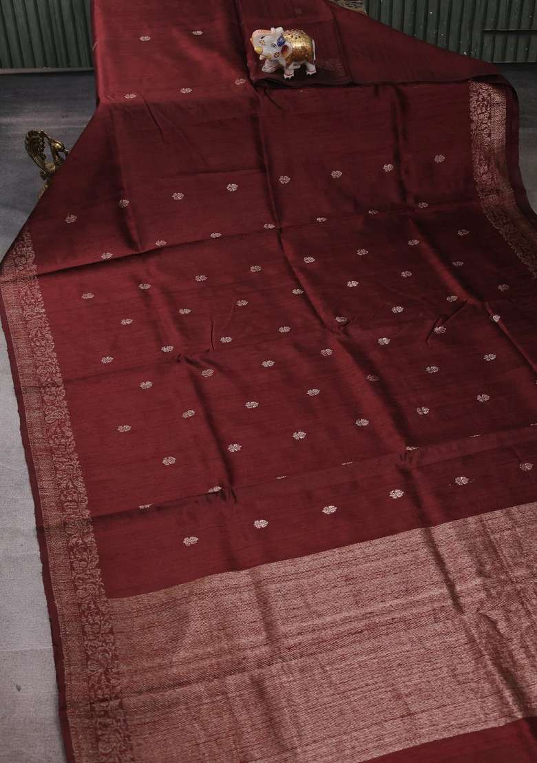 Brown Pink Banarasi Raw Silk Saree Buttas With Buttas And Brocade Design For Women - Indya