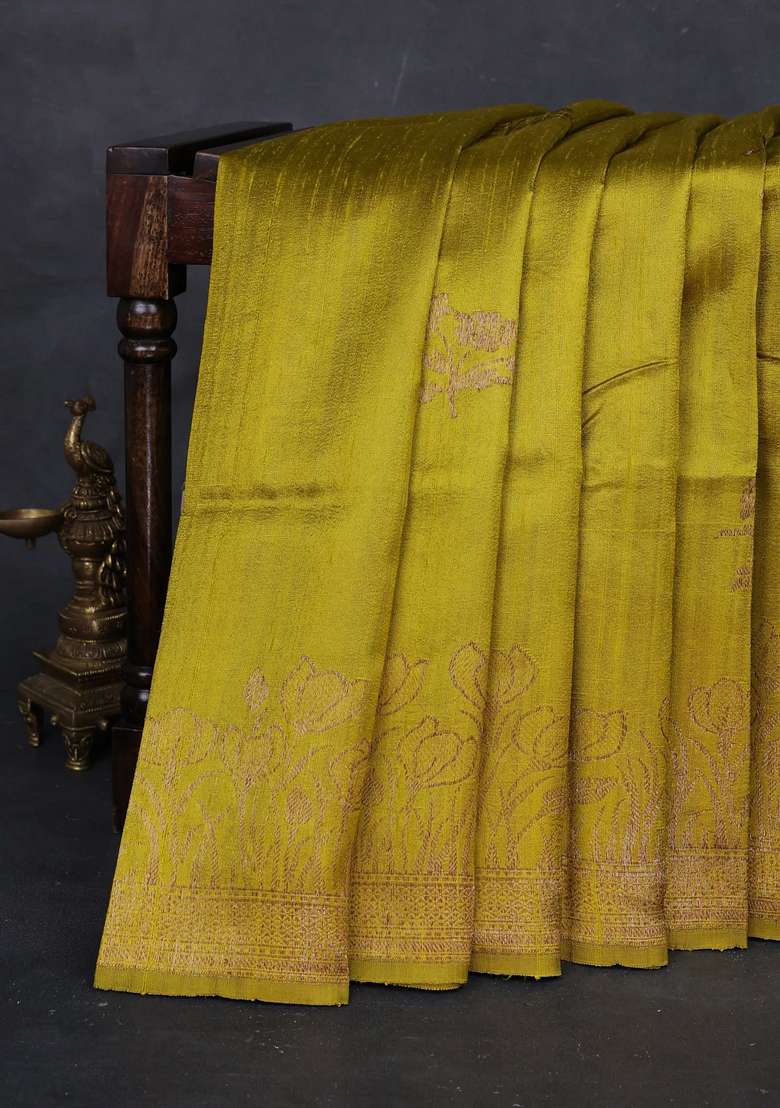 Lime Yellow Banarasi Raw Silk Saree Buttas With Buttas And Brocade Design For Women - Indya