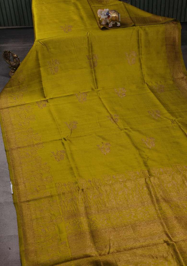 Lime Yellow Banarasi Raw Silk Saree Buttas With Buttas And Brocade Design For Women - Indya