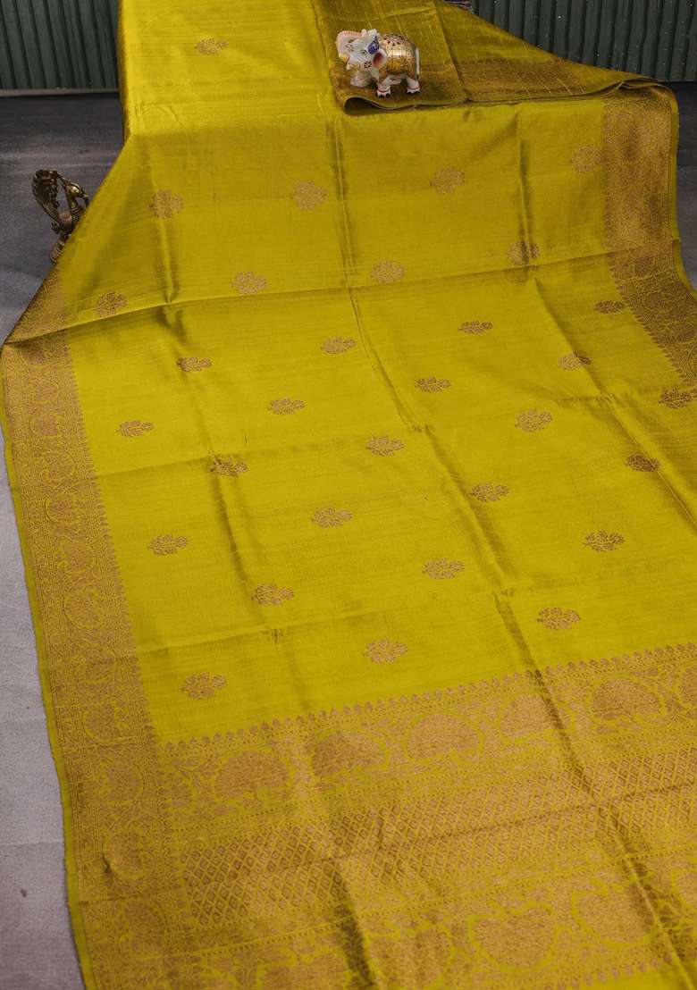 Lime Green Banarasi Raw Silk Saree Buttas With Buttas And Brocade Design For Women - Indya