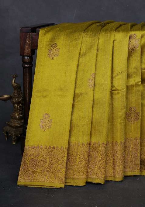 Lime Green Banarasi Raw Silk Saree Buttas With Buttas And Brocade Design For Women