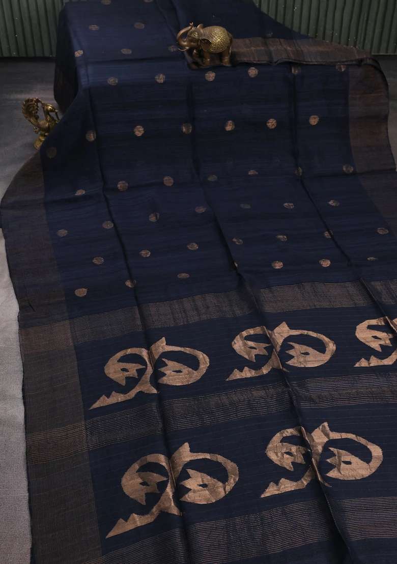 Elephant Grey Matka Tussar Silk Coin Butta Saree With Buttas And Brocade Design For Women - Indya