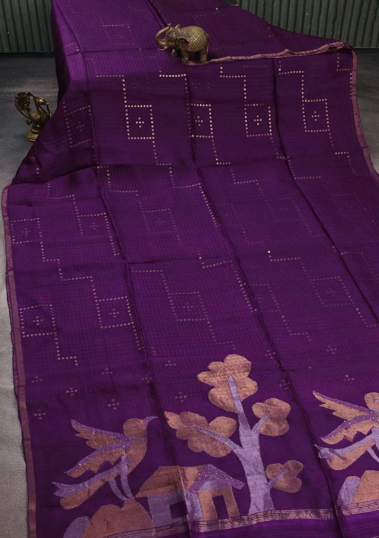 Purple Matka Tussar Silk Sequences Saree With Traditional Woven Design For Women - Indya
