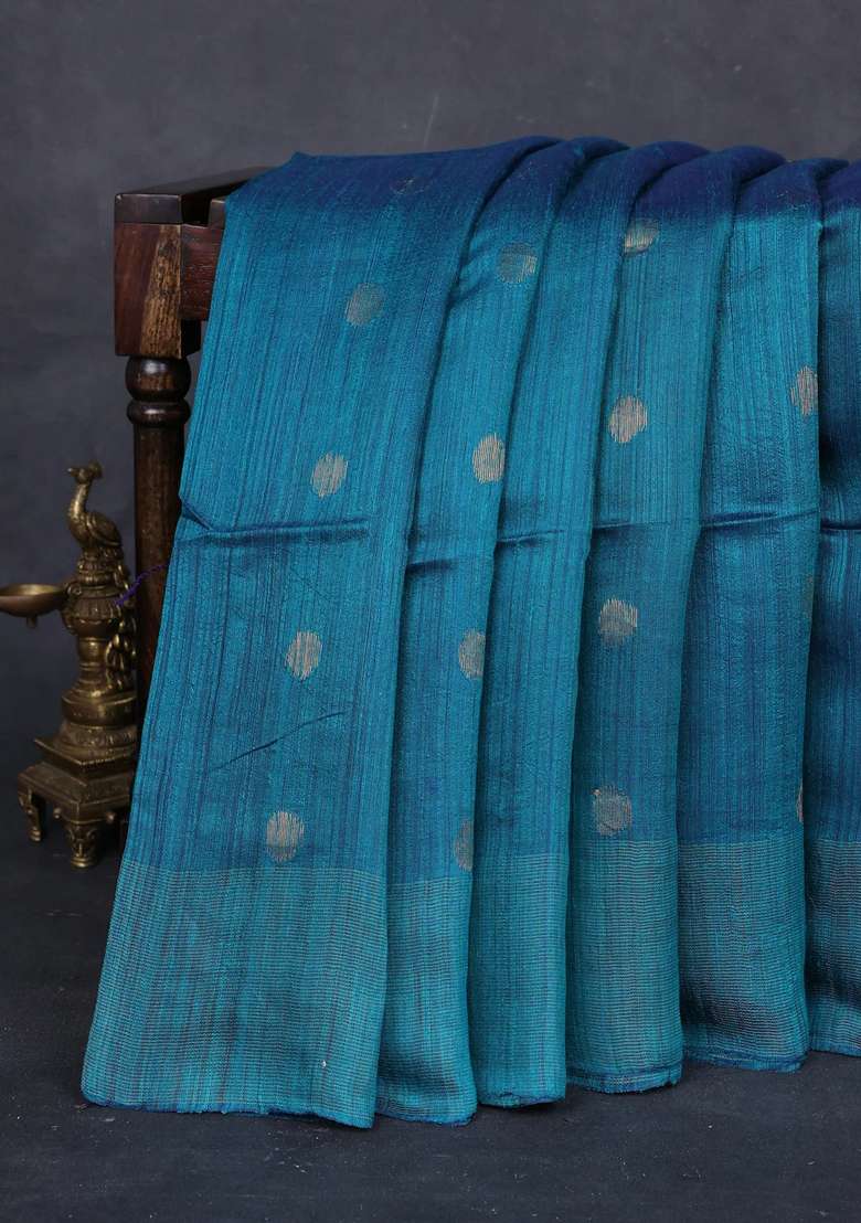 Peacock Green Peacock Blue Matka Tussar Silk Coin Butta Saree With Buttas And Brocade Design For Women - Indya