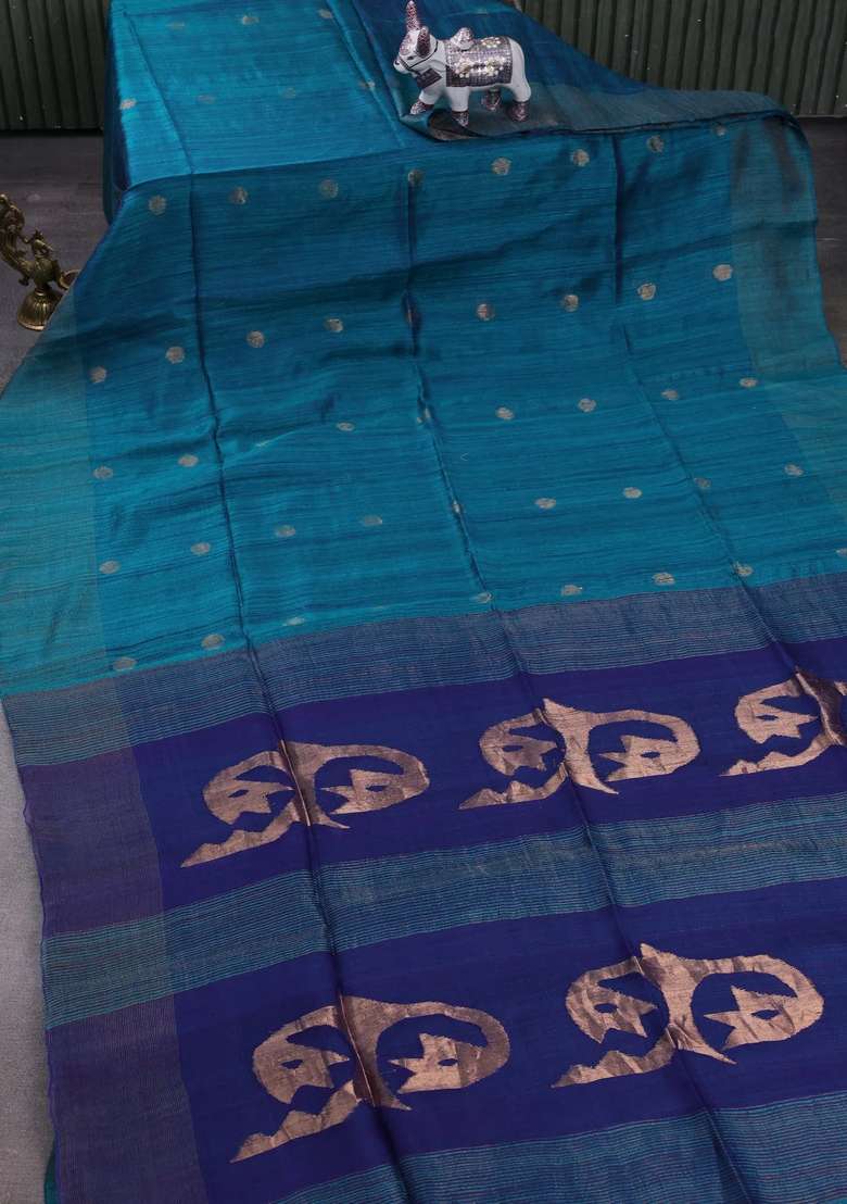 Peacock Green Peacock Blue Matka Tussar Silk Coin Butta Saree With Buttas And Brocade Design For Women - Indya