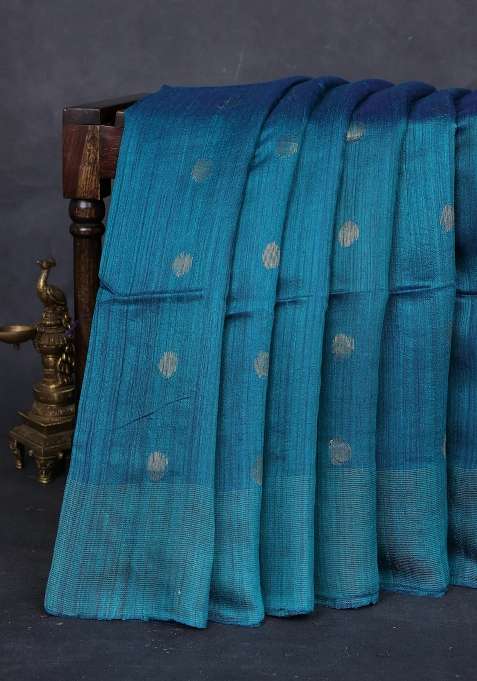 Peacock Green Peacock Blue Matka Tussar Silk Coin Butta Saree With Buttas And Brocade Design For Women